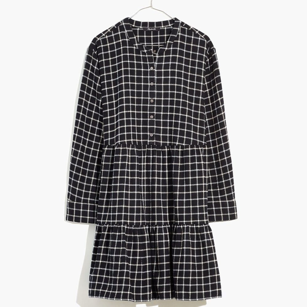 Madewell Flannel Button-Placket Tiered Mini Dress Windowpane black Small S NWT